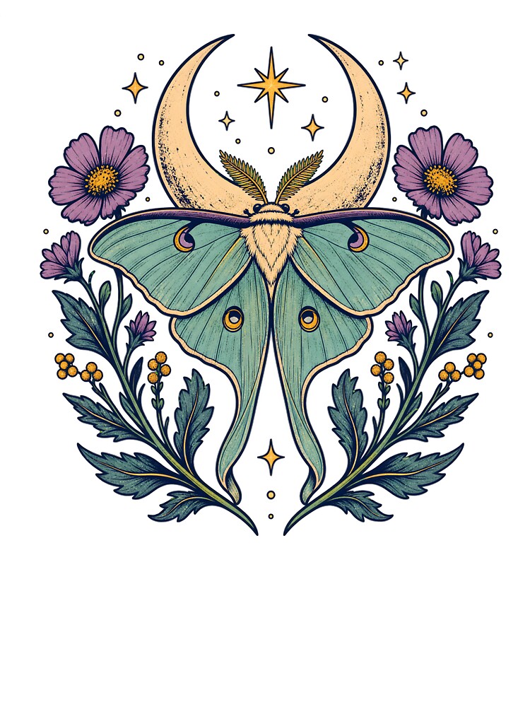 Celestial Luna Moth and Cosmic Floral Garland Illustration by Funny meme