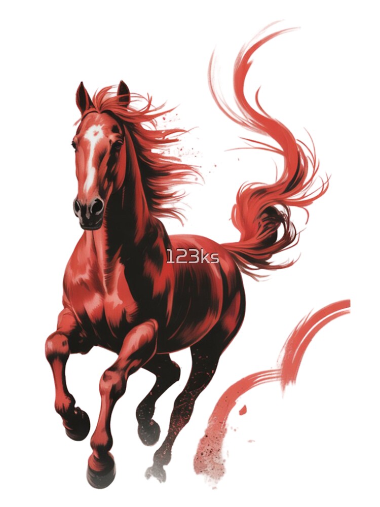 A dynamic digital painting of a red horse galloping by 123ks