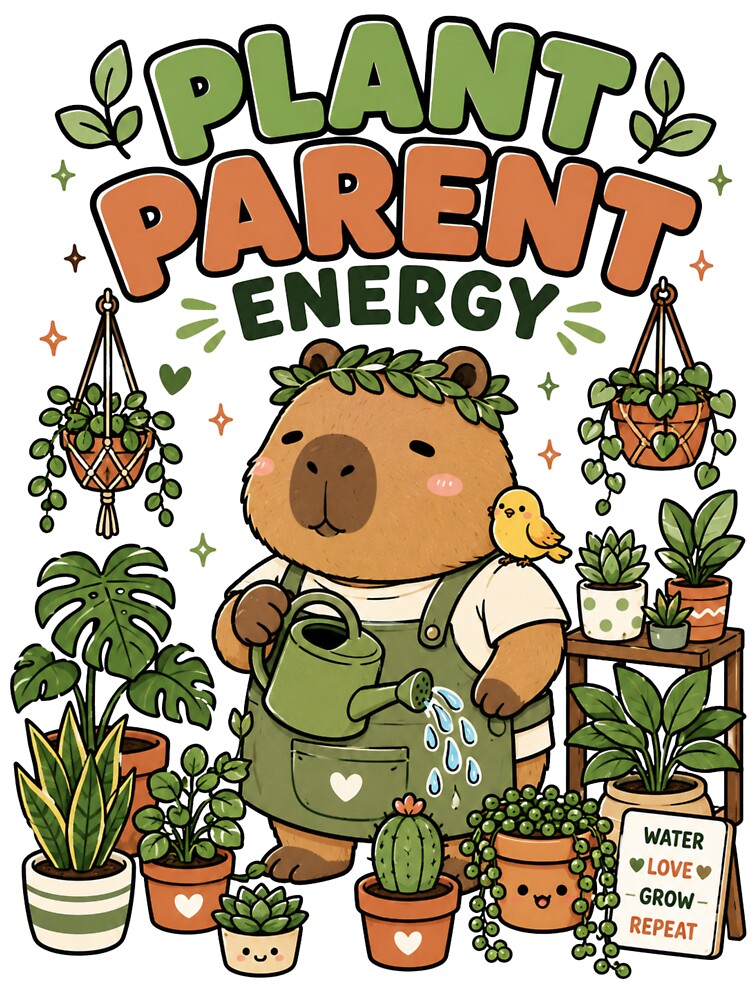 Cute Capybara Plant Parent Energy Shirt — Kawaii Plant Lover Water Love Grow Repeat Gift Tee by MaynyStudio