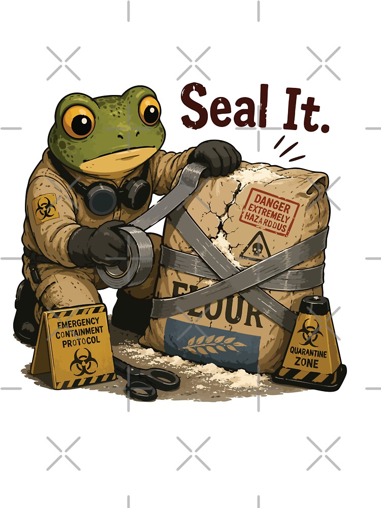 Funny Biohazard Flour Sticker – Frog Baker Sealing Dangerous Bag Illustration by SimplePoDesign