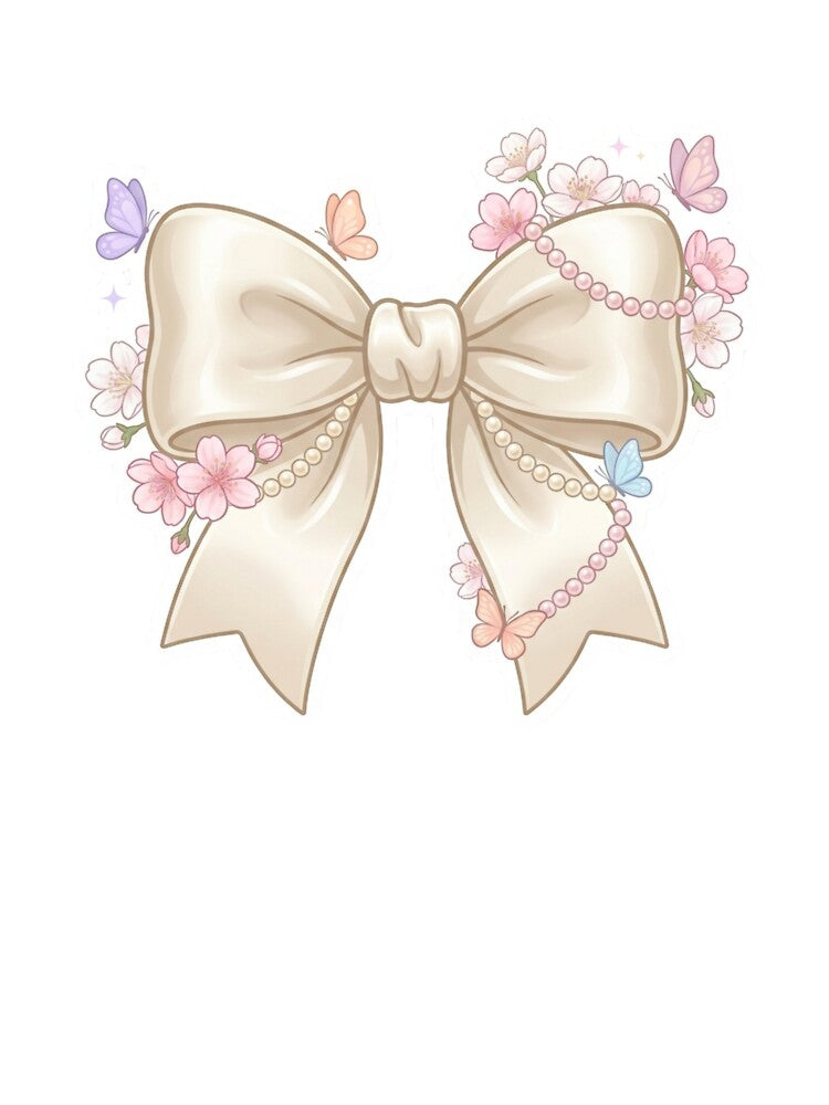 Cute Coquette Cream Bow Sticker with Cherry Blossoms, Pearls & Butterflies - Kawaii Sakura Floral Design by ethnicdigital