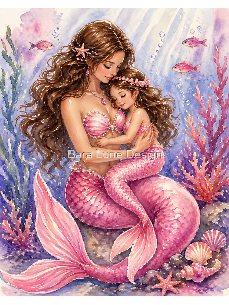 Mommy and Me Brunette Mermaids Watercolor by Bara Lune Design