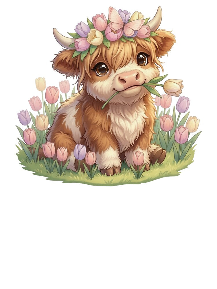 Moo In Bloom Pastel Tulip Crown Highland Cow Calf by HumTumMe