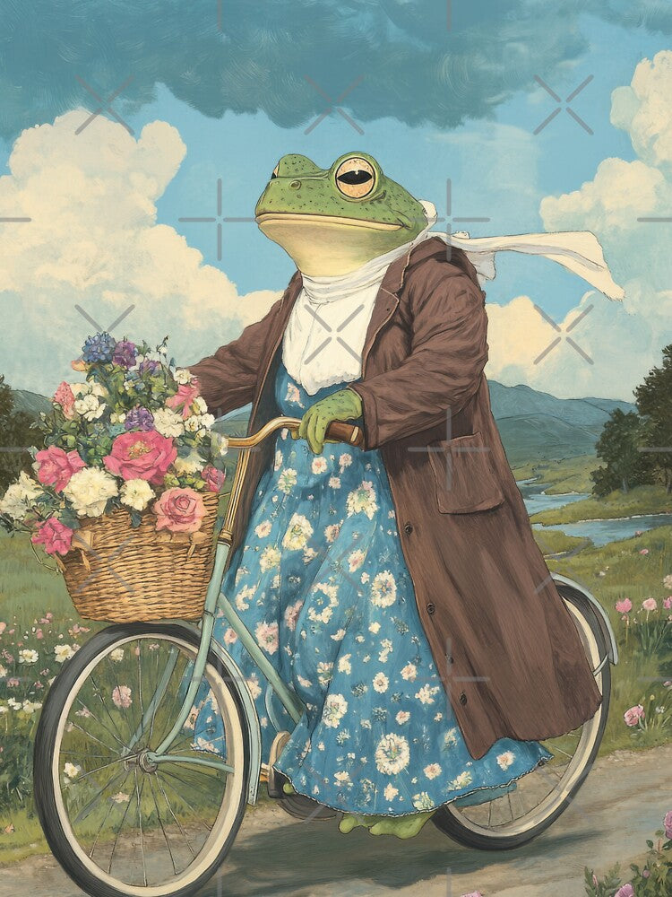 Cottagecore Frog on a Bicycle – Whimsical Vintage Nature Art by baucestudio