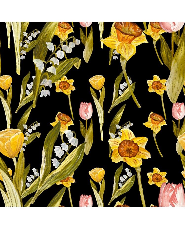 Daffodil tulip snowdrop Easter an ornate pattern black by Yana Mustafina | Boho Soulful Designs