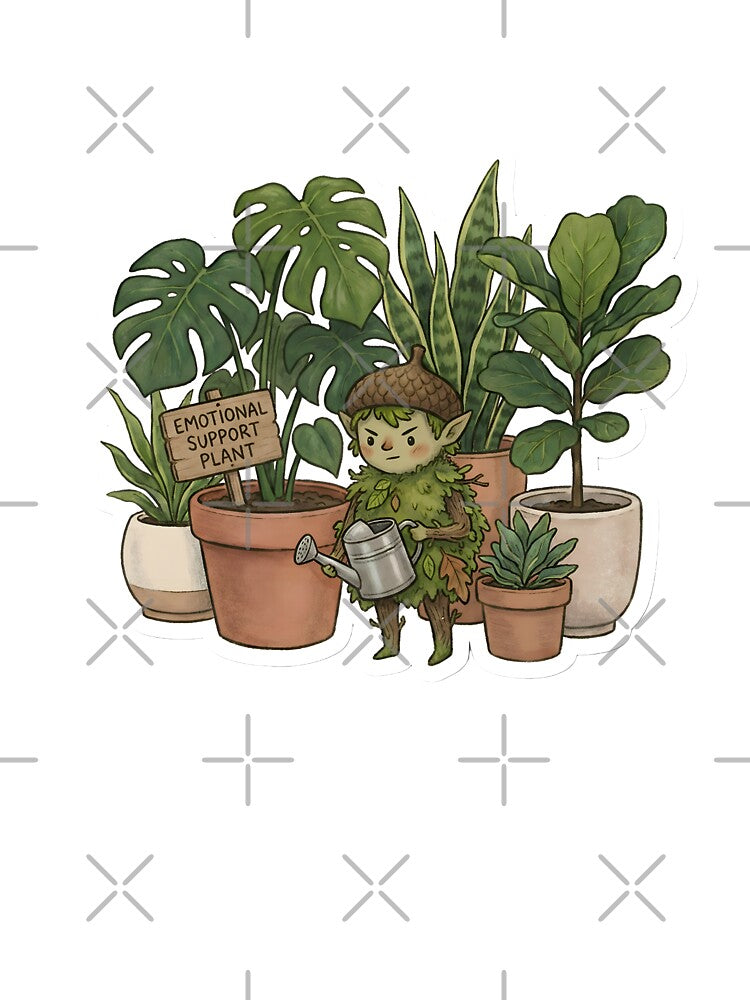 Cute Moss Sprite Plant Guardian with Watering Can and Houseplants by StickyGuys