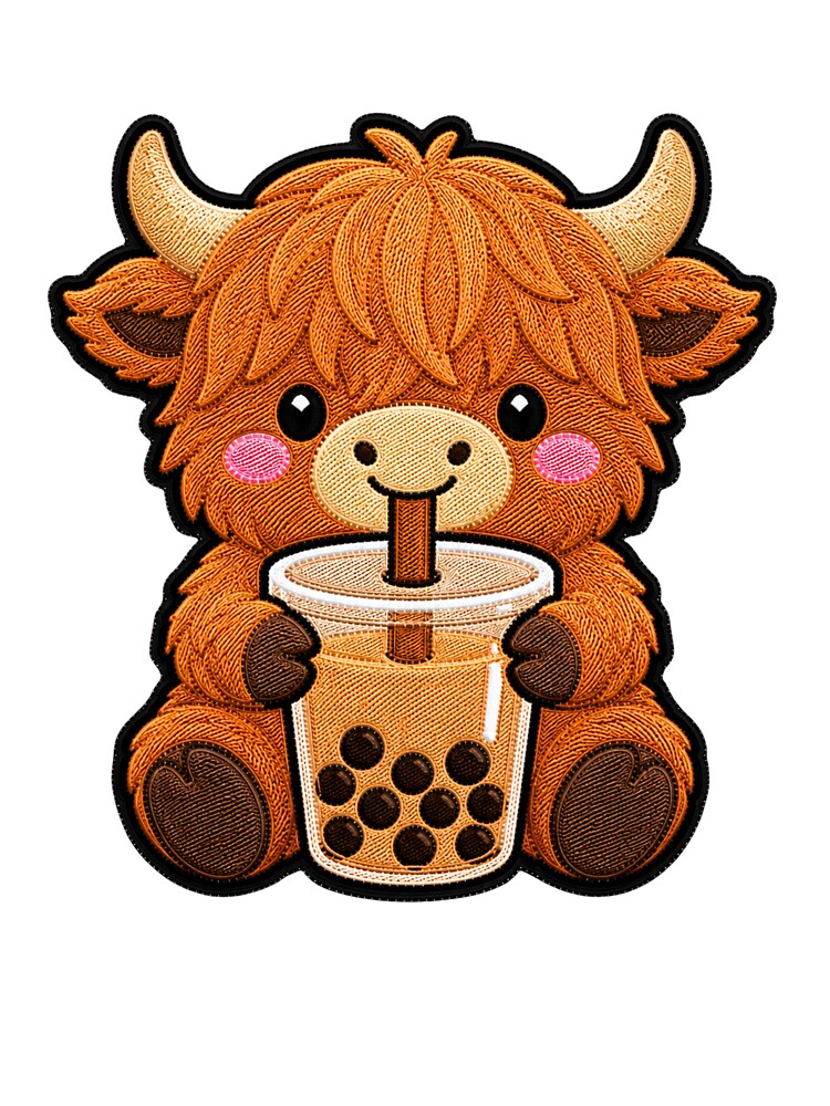 Kawaii Highland Cow with Bubble Tea - Cute Highland Cow Embroidery Patch by ColorSplash123