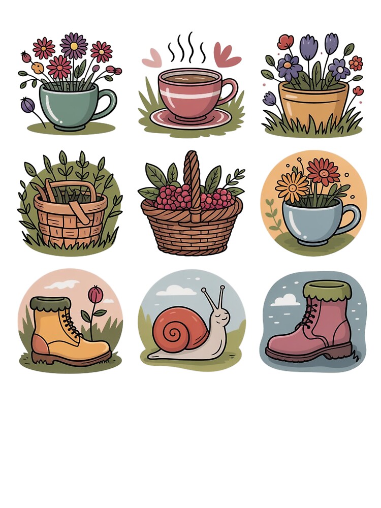 Cute Cottagecore Garden Sticker Sheet – Aesthetic Snail, Teacup Flowers, Hiking Boots & Picnic Basket Pack by FestivityFinds