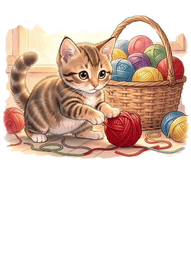 Curious Tabby Kitten with Basket of Colorful Yarn by Serene Strokes Art