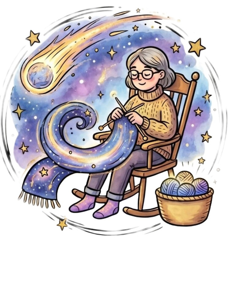 Knitting Gift | Cosmic Knitter Grandma Space Art | Cute Kawaii Galaxy Hobby | Grandma Birthday Present | Cozy Craft Room Decor by Cosmic Doodle Co.