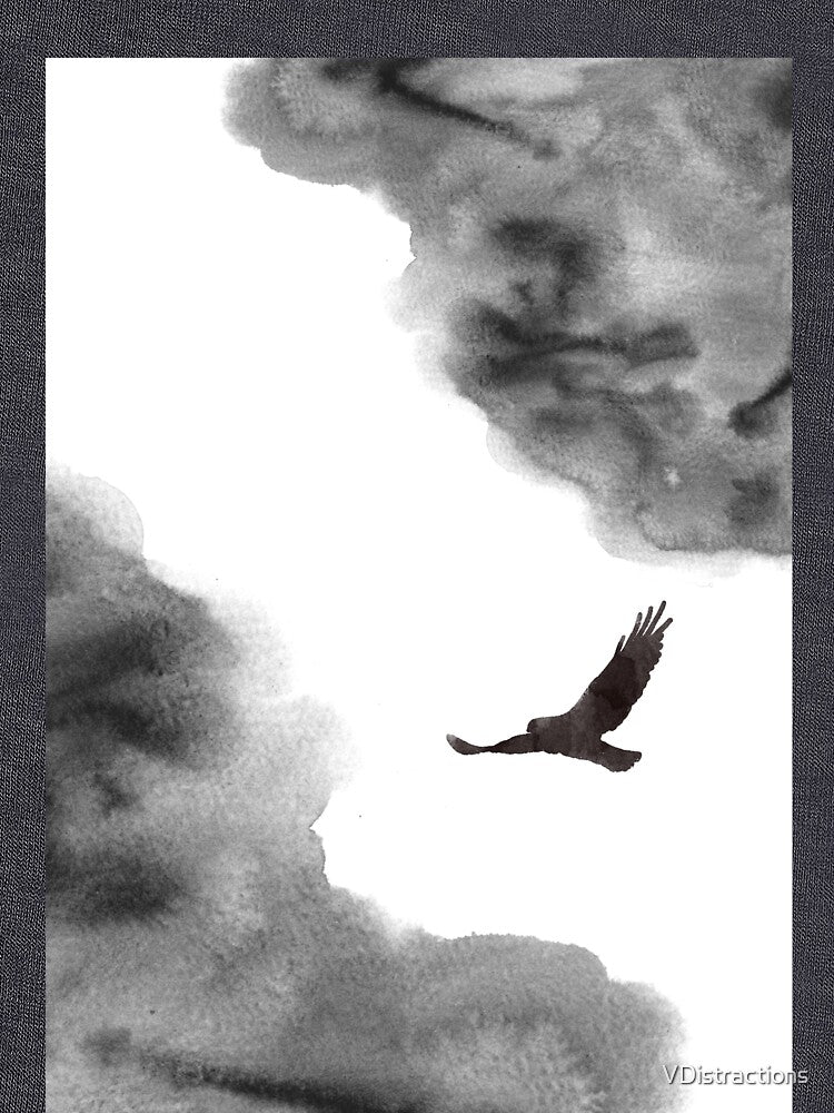 Watercolour landscape in black and white. Minimalist art bird. Abstract bedroom decor. by VDistractions