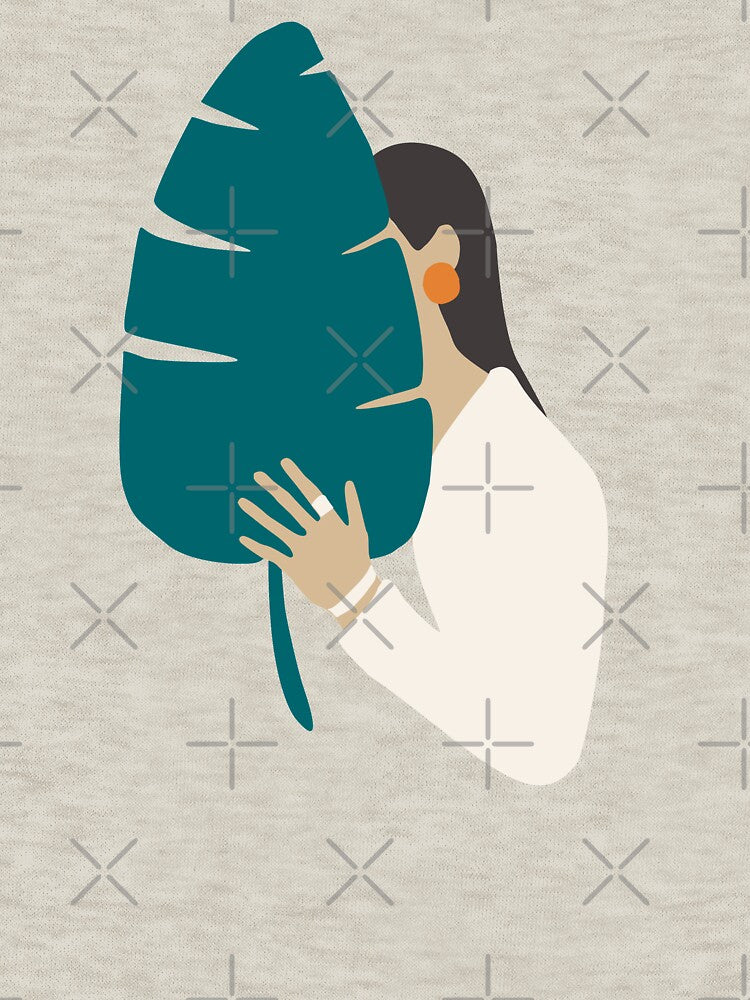 Brunette girl in white with tropical banana leaf by Nossikko
