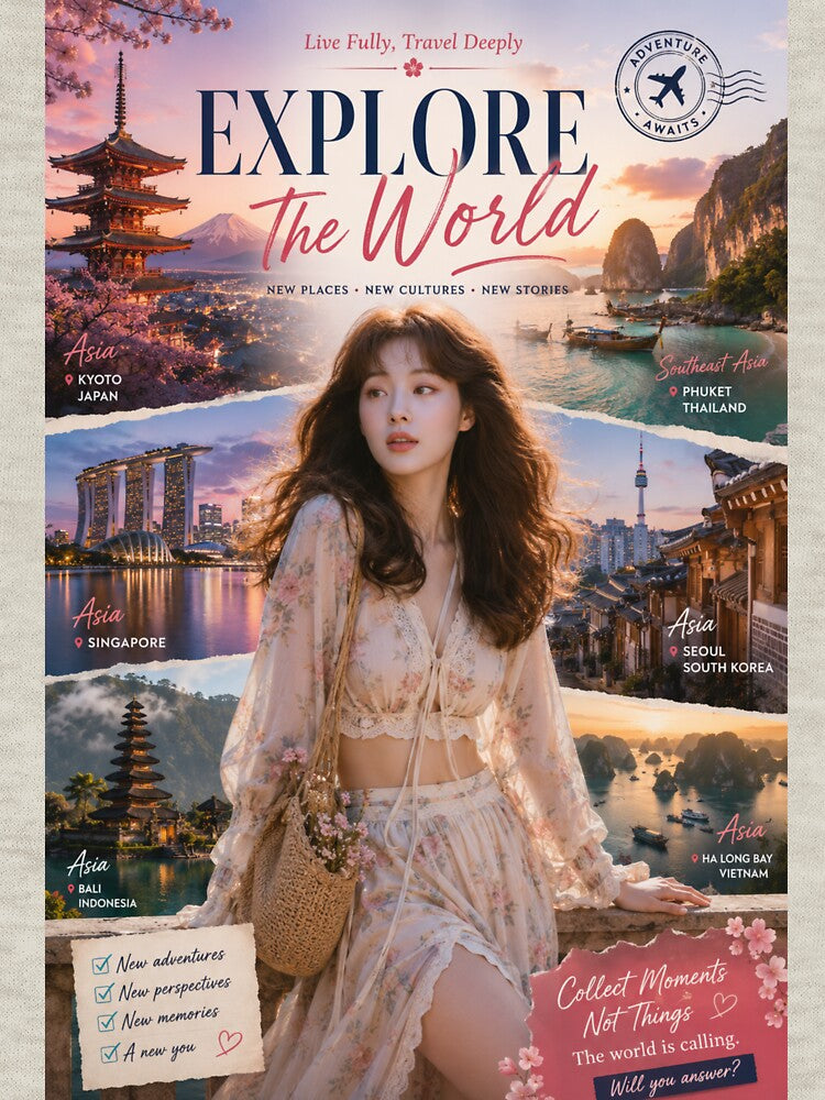 Explore The World Asia Travel Poster | Aesthetic Wanderlust Wall Art by Inkora-Art