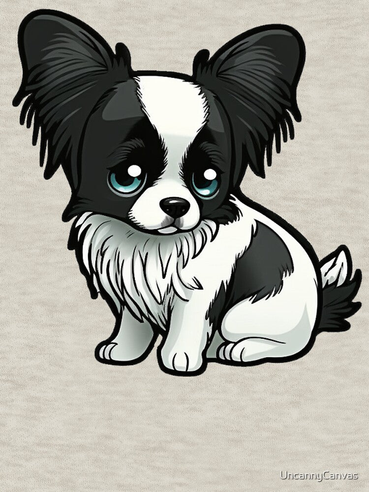 Papillon Puppy Dog - Black and White Fur - Kawaii Cartoon by UncannyCanvas
