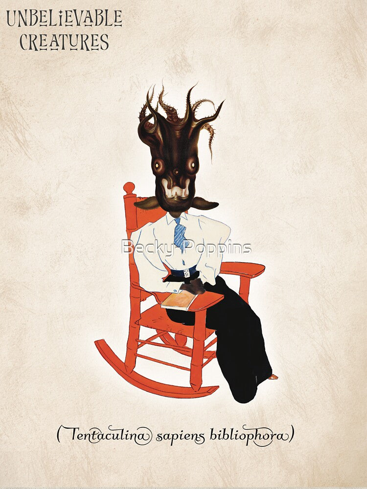 Tentaculina Sapiens Bibliophora | Surreal Octopus Reader  Collage Creature by Becky-Poppins