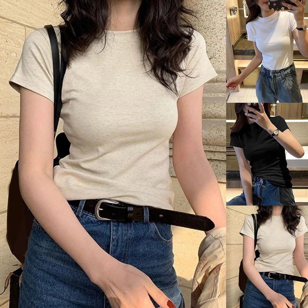 Slim Fit Harajuku Tee Crew Neck Short Sleeve Solid Color Harajuku Style