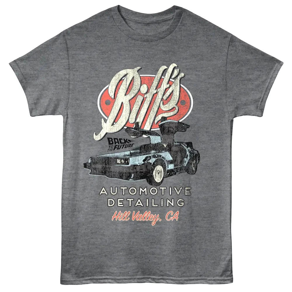 Back to The Future Biffs Automotive Hill Valley Mens T Shirt California DeLorean