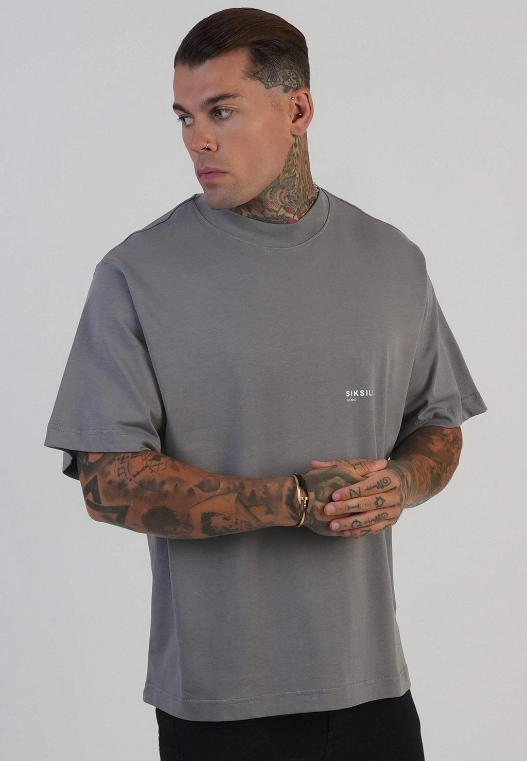 SikSilk Men's Short Sleeved Oversized Fit Graphic T-Shirt Tee Grey