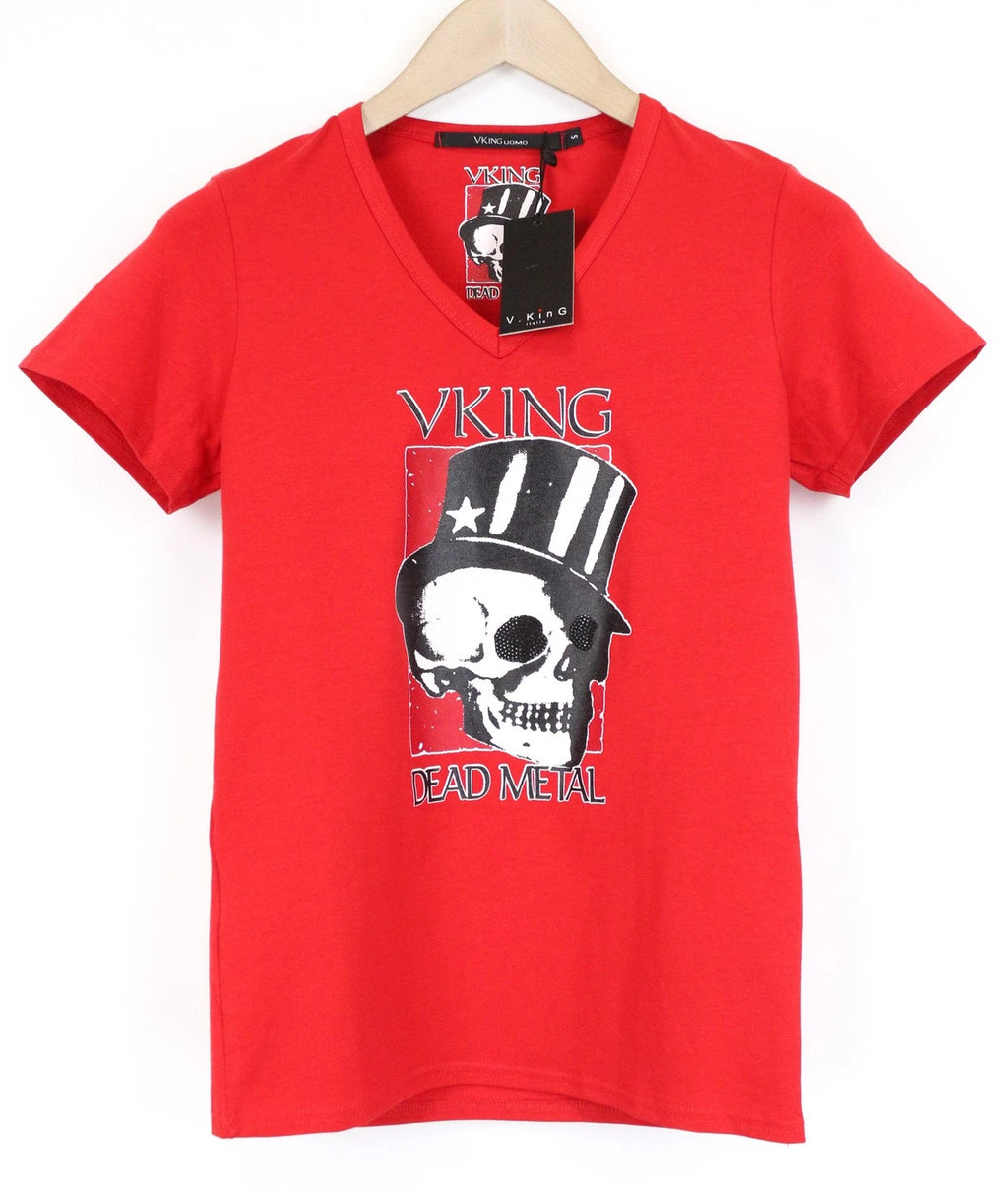 VKING Men'S T-Shirt S Red Cotton Stretch Skull Graphic V-Neck Short Sleeve