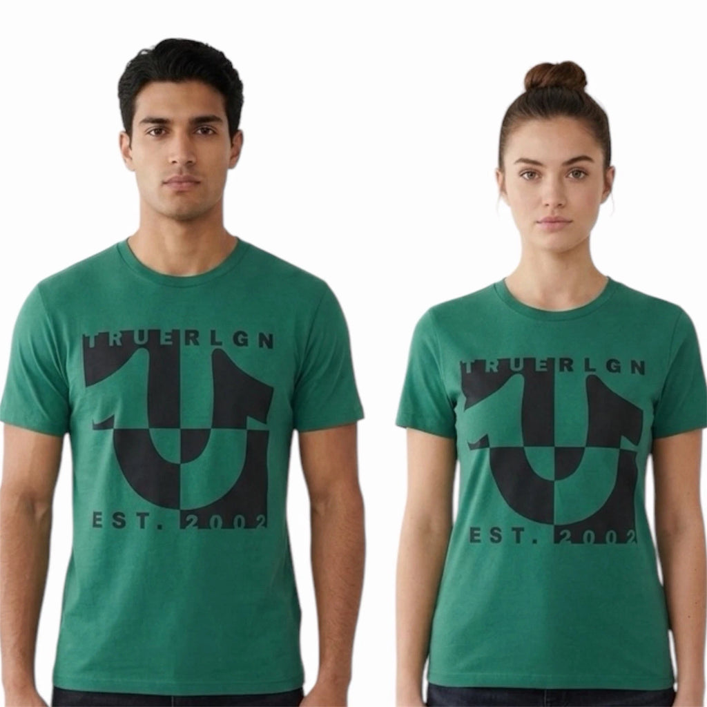 $69 TRUE RELIGION Green HORSESHOE SPLIT Short Sleeve Designer Graphic T-shirt
