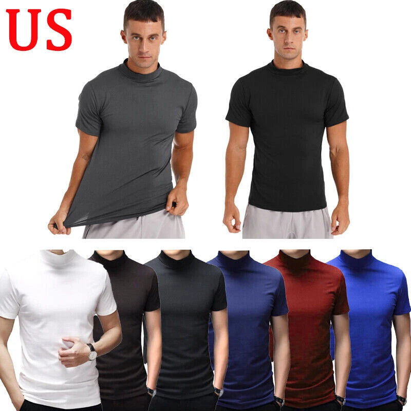 Mens Mock Turtleneck T-shirts Pullover Short Sleeve Slim Fit Top Undershirt