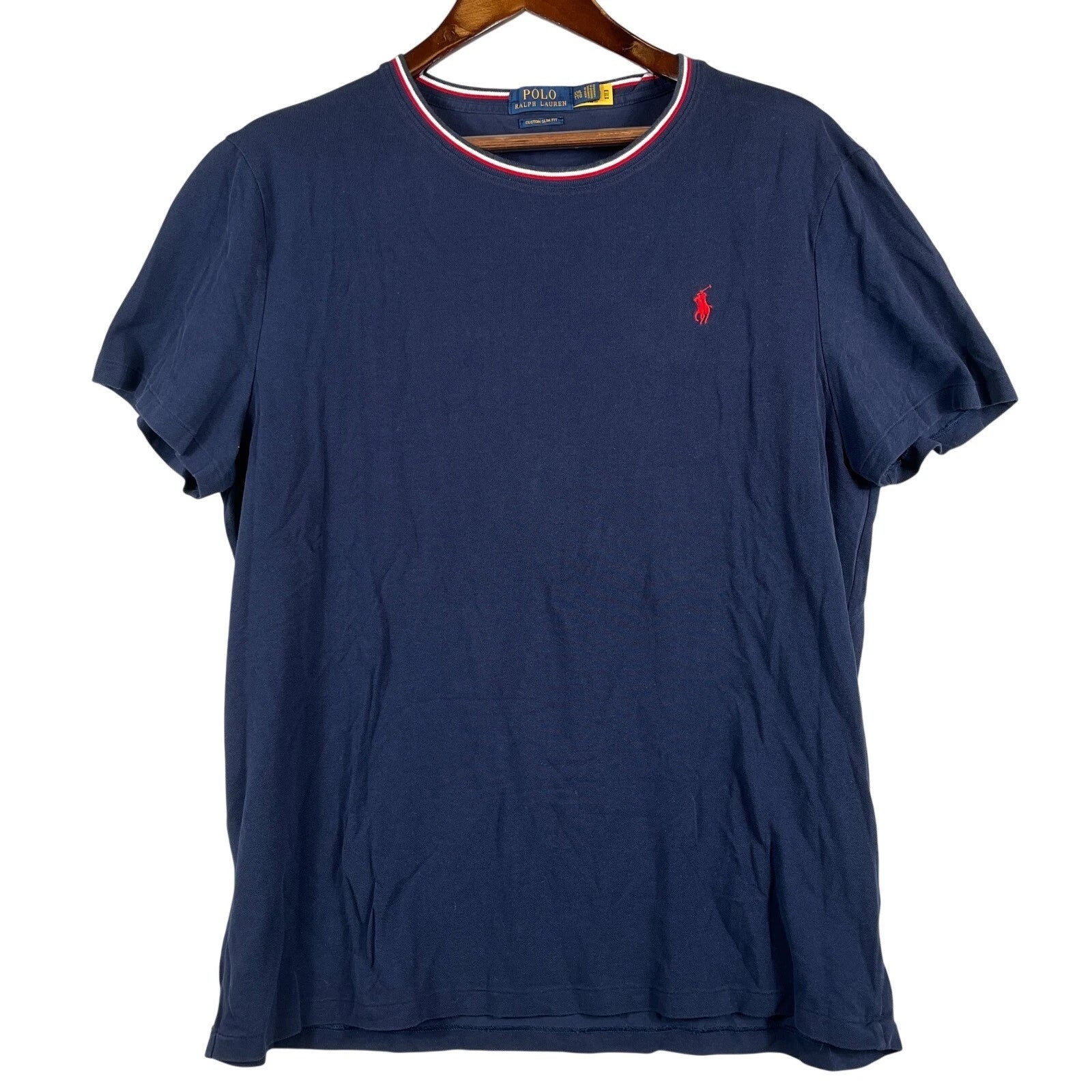 Polo Ralph Lauren Mens XXL Crewneck T Shirt Navy Red White Pony Custom Slim Fit