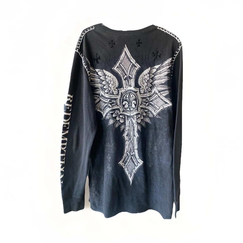 Raw State Men’s Black Long Sleeve Crew Neck Graphic Cross Logo T-Shirt