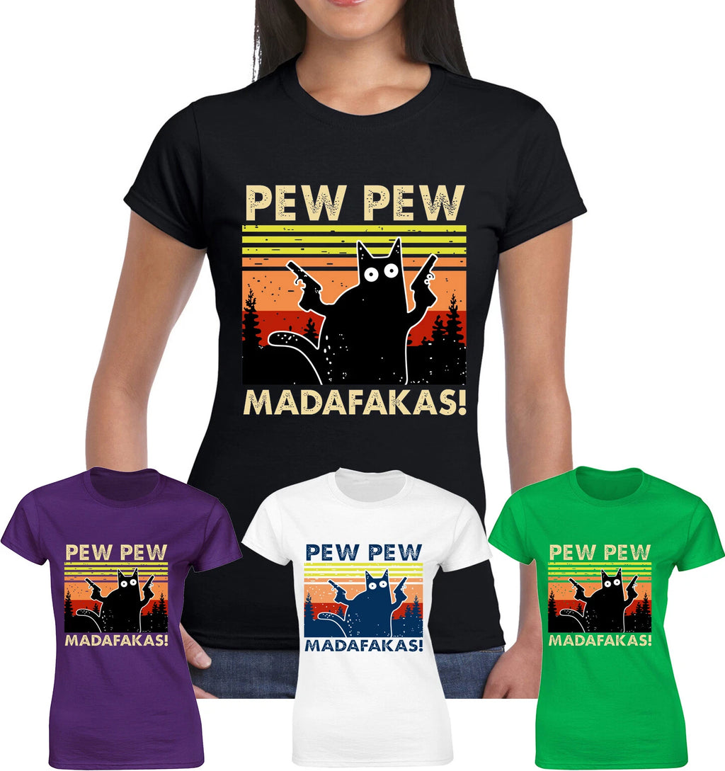 Pew Madafakas Vintage Funny Ladies T Shirt Cat Retro Christmas Gift Girls