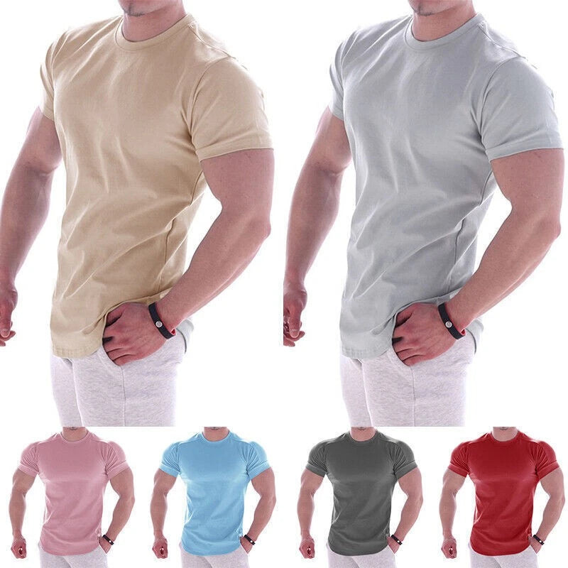 Men Slim Muscle Fit Stretch Tee Male Gym Crew Neck Short Sleeve T- Shirt Tops