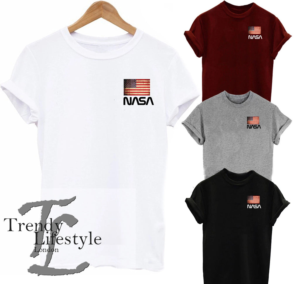 NASA ASTRONAUT SMALL POCKET PRINT NEW TRENDY AMERICAN VINTAGE FLAG GEEK T-SHIRT