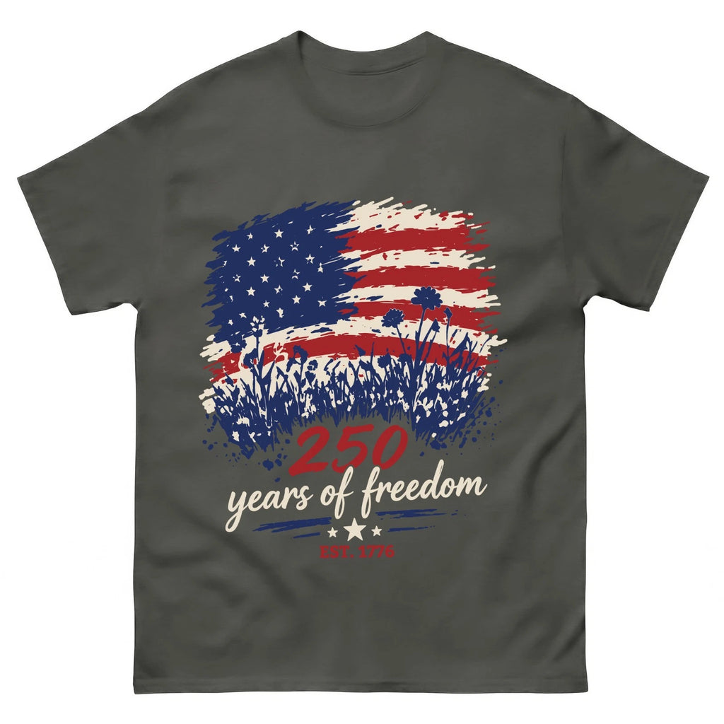 Womens-Patriotic-V-Neck-Shirt,-250-Years-of-Freedom-Floral-Tee,-America