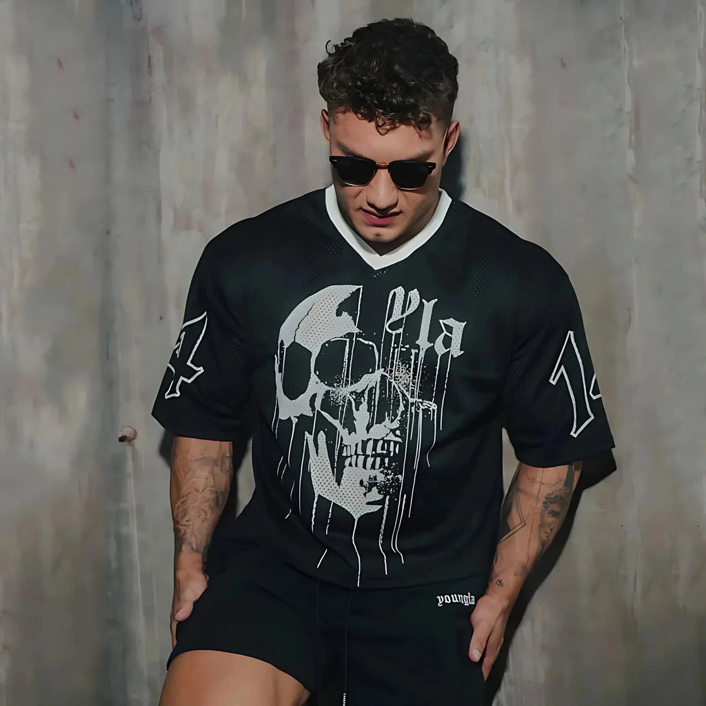 new Men's Skull Print Hip-Hop V-Neck T-Shirt – Breathable Summer Tee