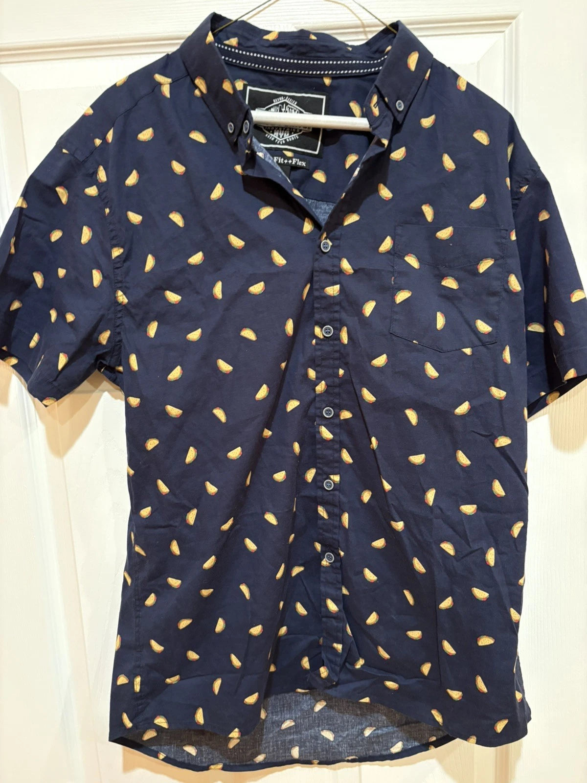 Five Points Short Sleeve Button Down Shirt Size L Large Slim Fit Tacos Navy Blue