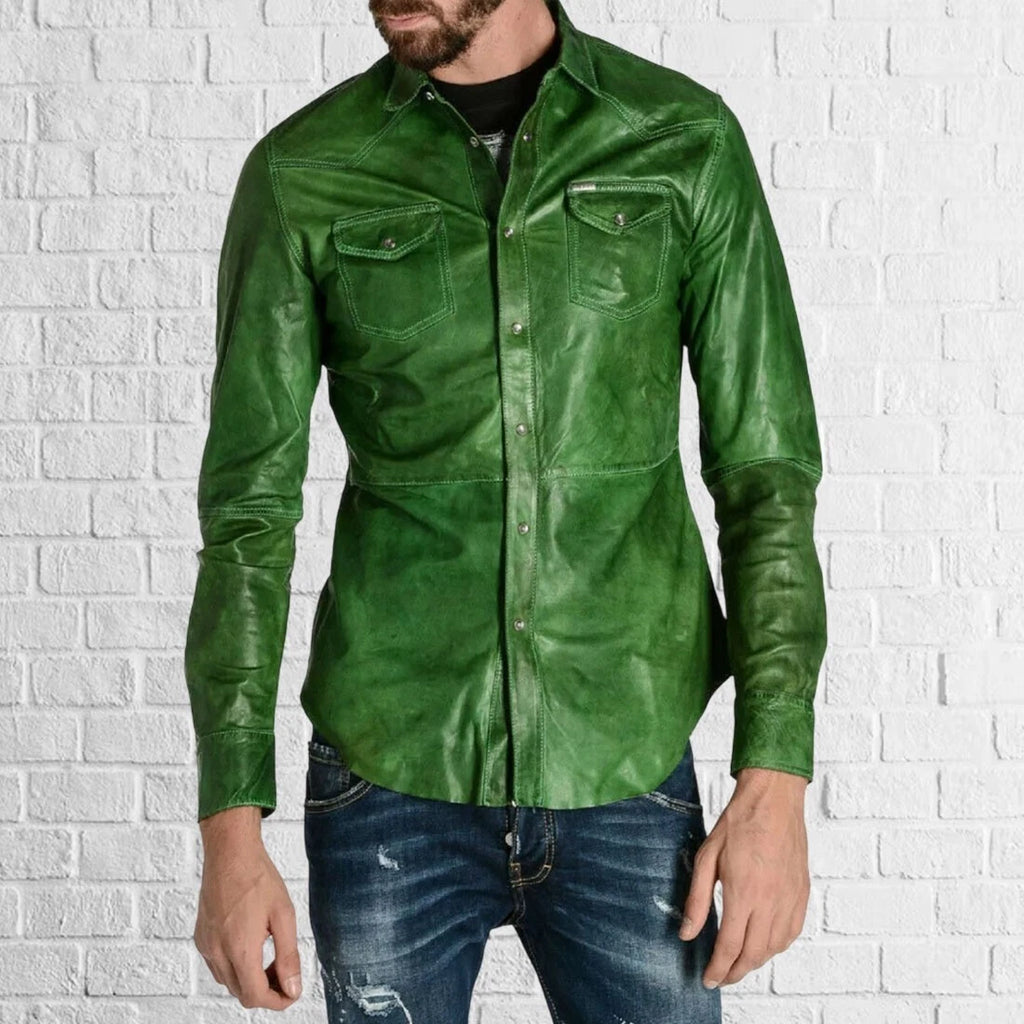 New Basic Mens Genuine Green Lambskin Genuine Leather Shirt Handmade Casual Wear