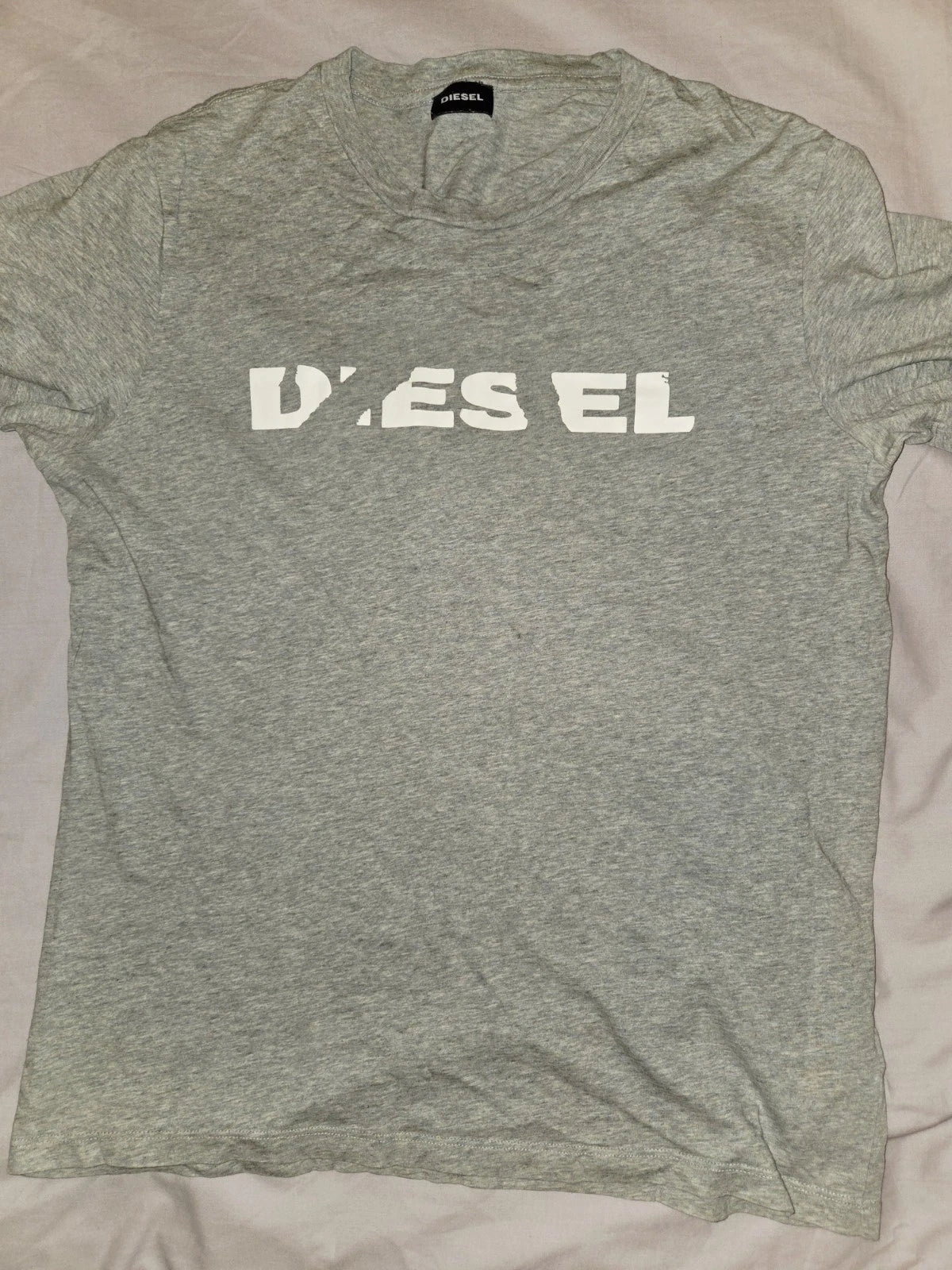 Diesel Mens Large T Shirt Grey Tee White Faded Logo Slim Fit Cotton Short Sleeve