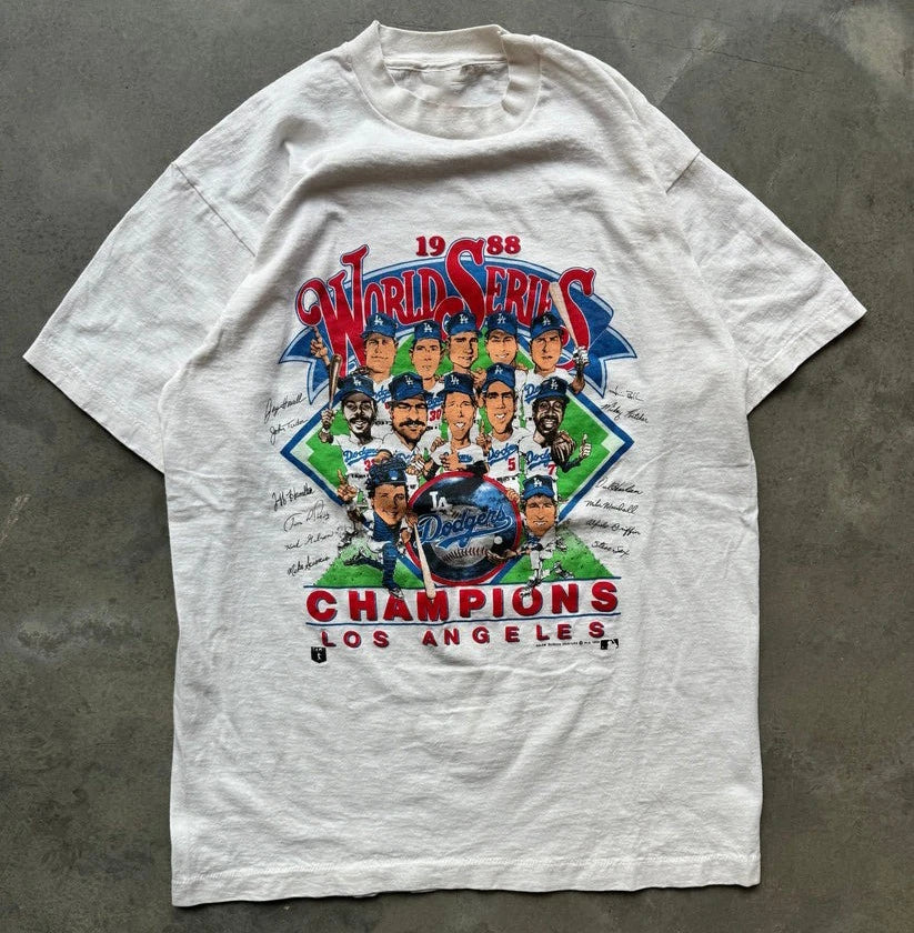 1988 Dodgers World Series Champions Vintage White MLB Caricature Tee Reprint