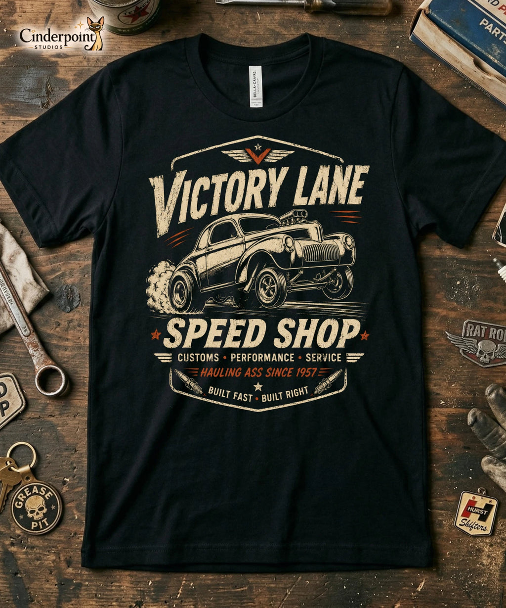 Victory Lane Speed Shop Shirt Hot Rod Hauling Ass Gasser Drag Racing Tee XS-5XL