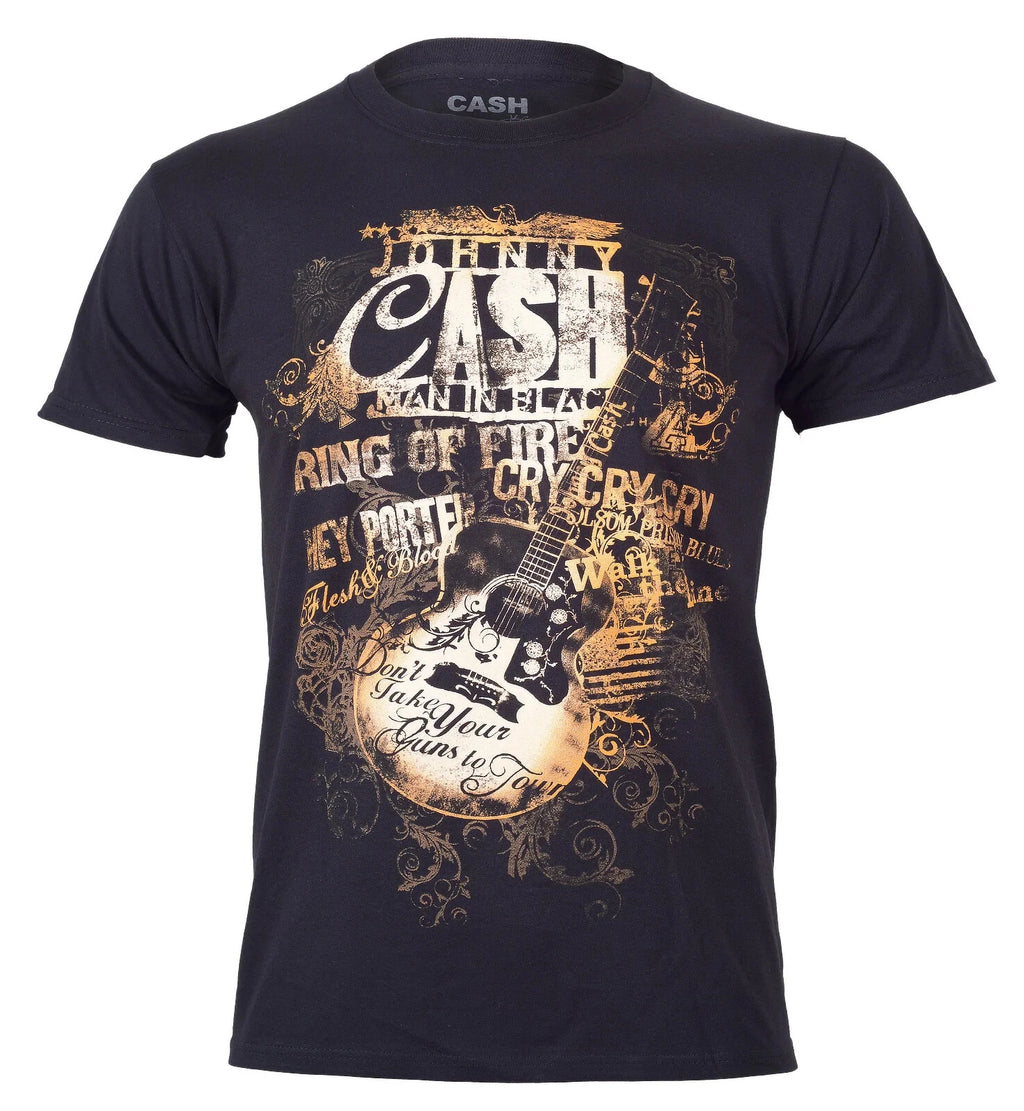 Official Johnny Cash T Shirt Black Song Titles Guitar Text New S M L XL XXL