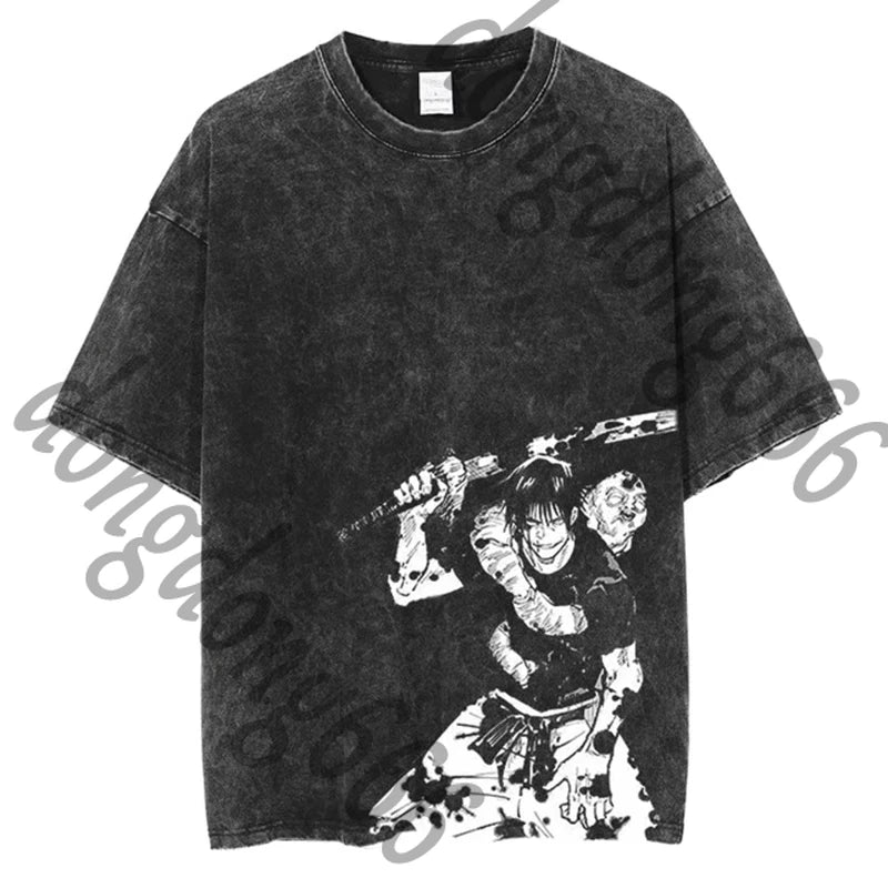 VINTAGE Washed T-shirt Jujutsu Kaisen Cosplay Fashion Short Sleeves Tee Gift #Z