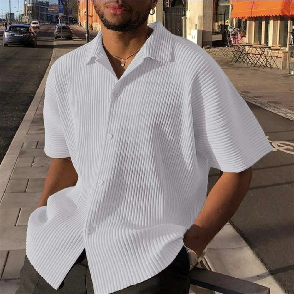 Men's Stripes Shirt Casual Slim Shirts Short Sleeve Button Down Tops Blouse