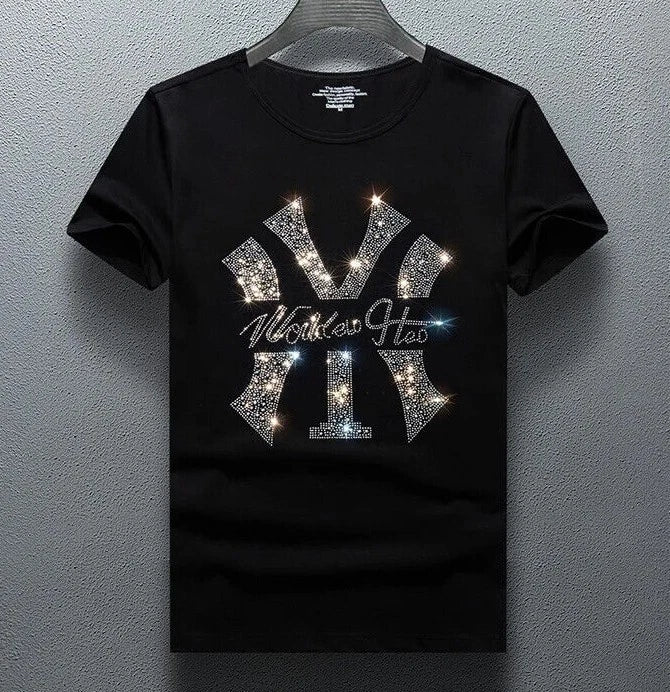 New Men Luxury Rhinestones Fashion T-Shirt High Quality Black White