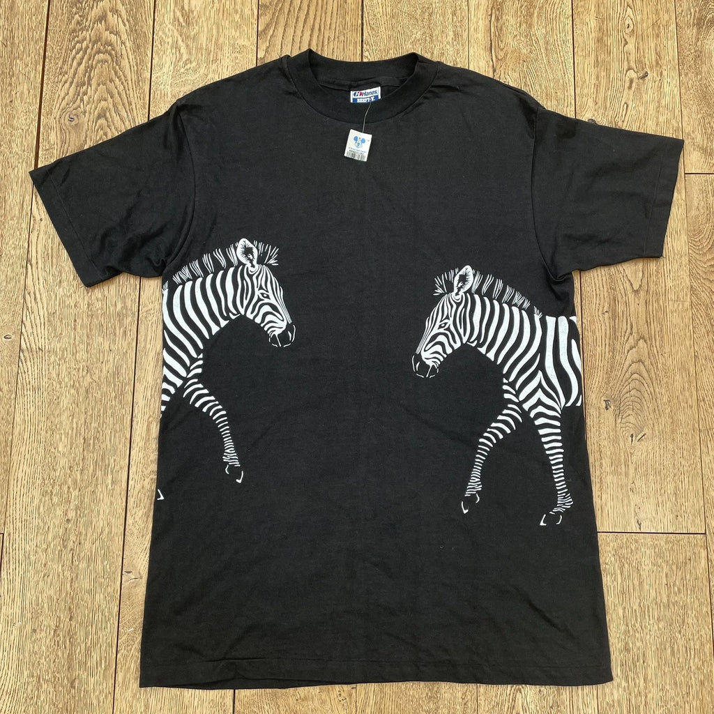 Vintage 80s Harlequin Zebra Wrap Around All Over Print Black Art T-Shirt L M