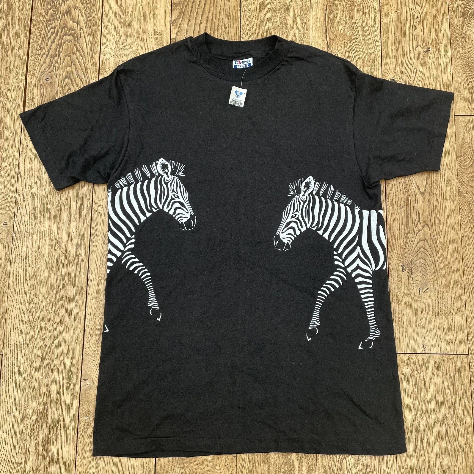 Vintage 80s Harlequin Zebra Wrap Around All Over Print Black Art T-Shirt L M