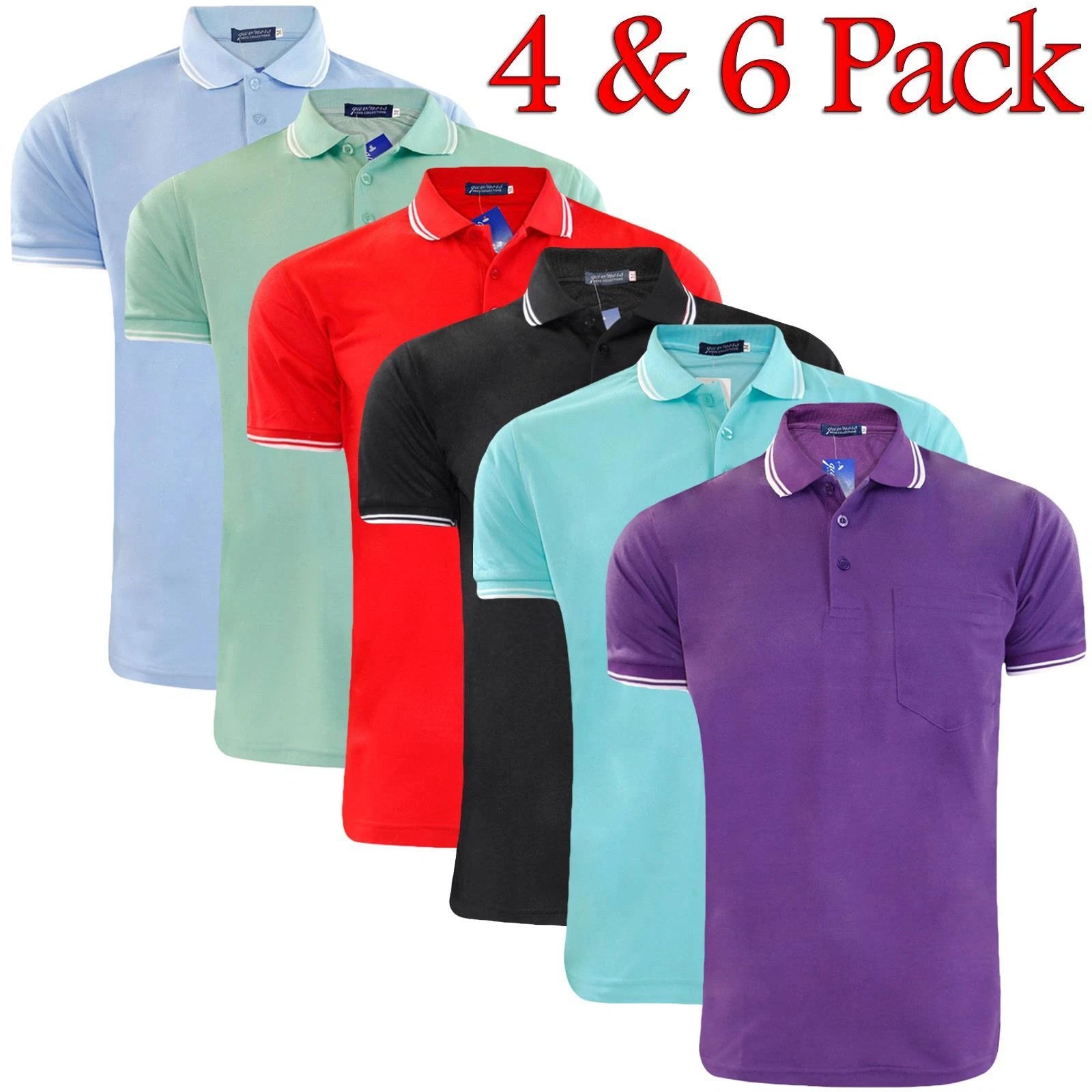 4 / 6 Pack Mens Tip Polo Shirt Short Sleeve Plain Pique Tipping Collar T Shirt