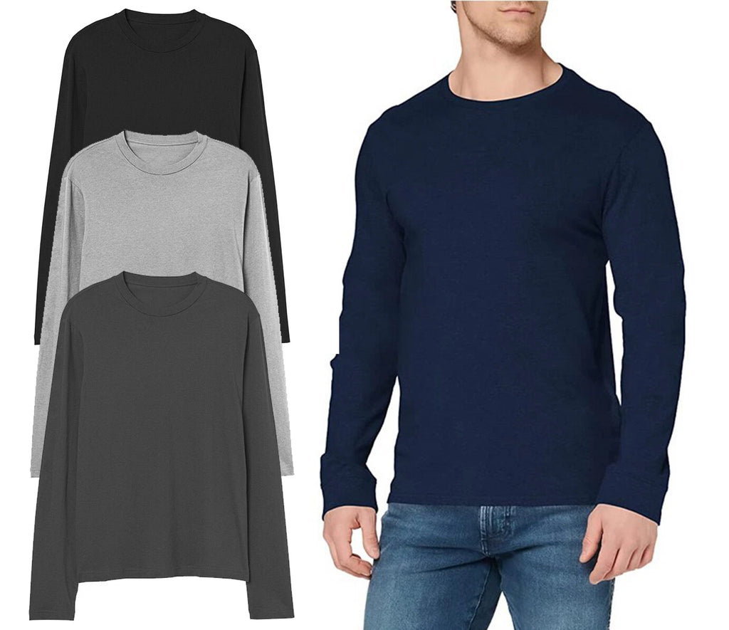 Mens Long Sleeve Cotton T-Shirt Regular Fit Crew Neck or Henley Top Lounge Work