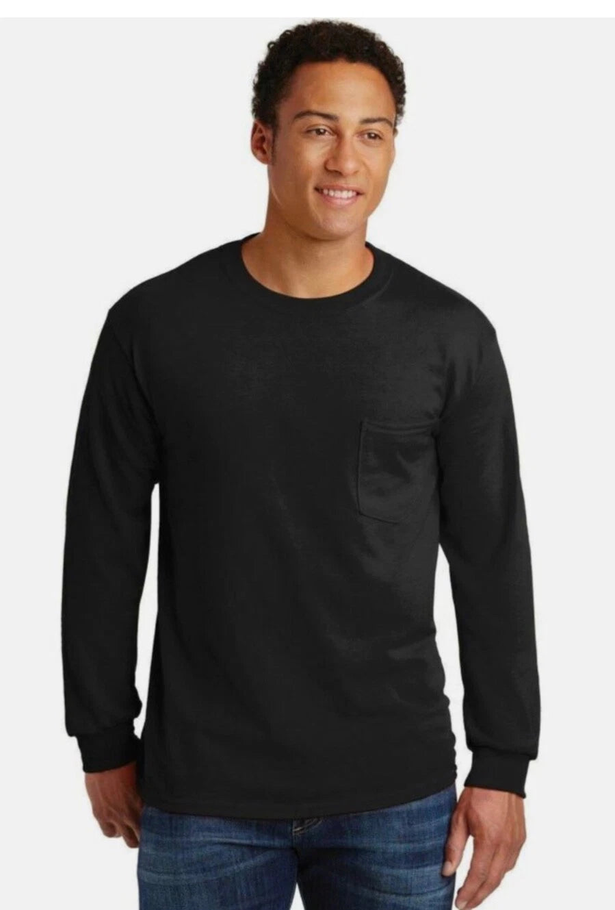 Black LARGE New Gildan Men's Ultra Cotton Long Sleeve Pocket T-Shirt Blank Tee