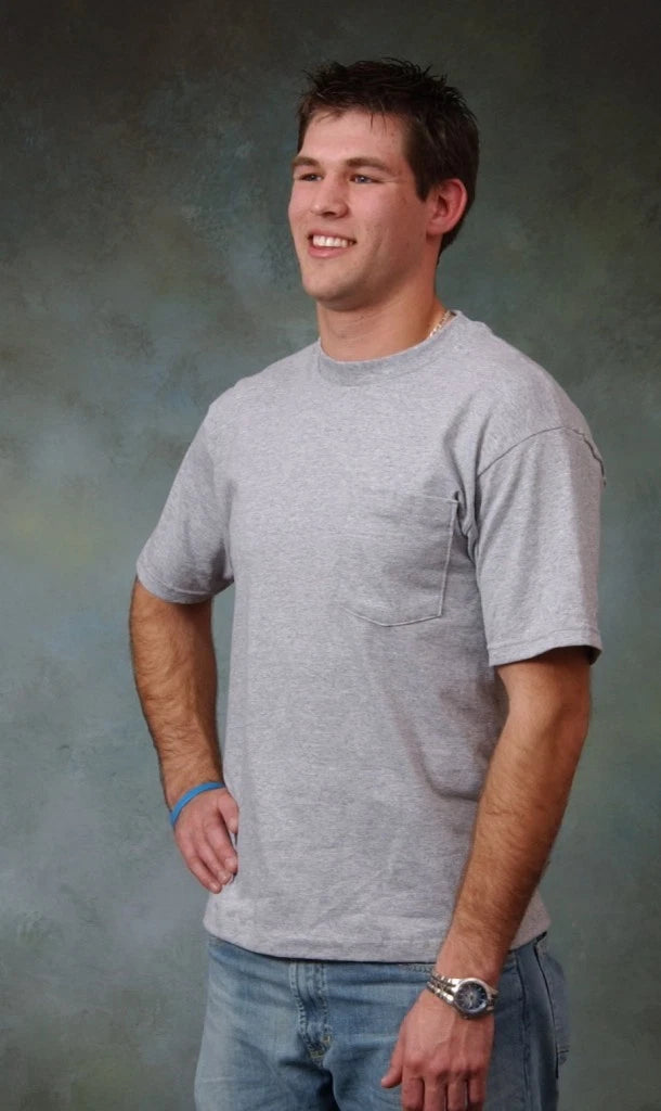 Adult Pocket t-shirt. Short sleeve. 100% cotton, Size M to 8XLT. Made in USA