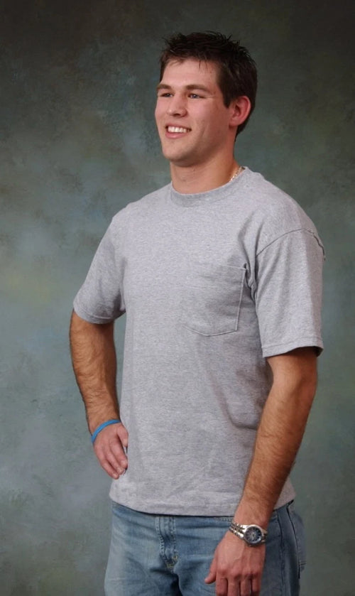 Adult Pocket t-shirt. Short sleeve. 100% cotton, Size M to 8XLT. Made in USA