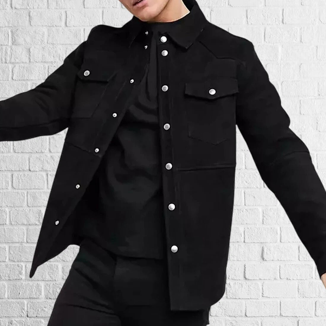 HideWorks Men's Lambskin Leather Suede Black Shirt Jacket Slim Fit Long Sleeve