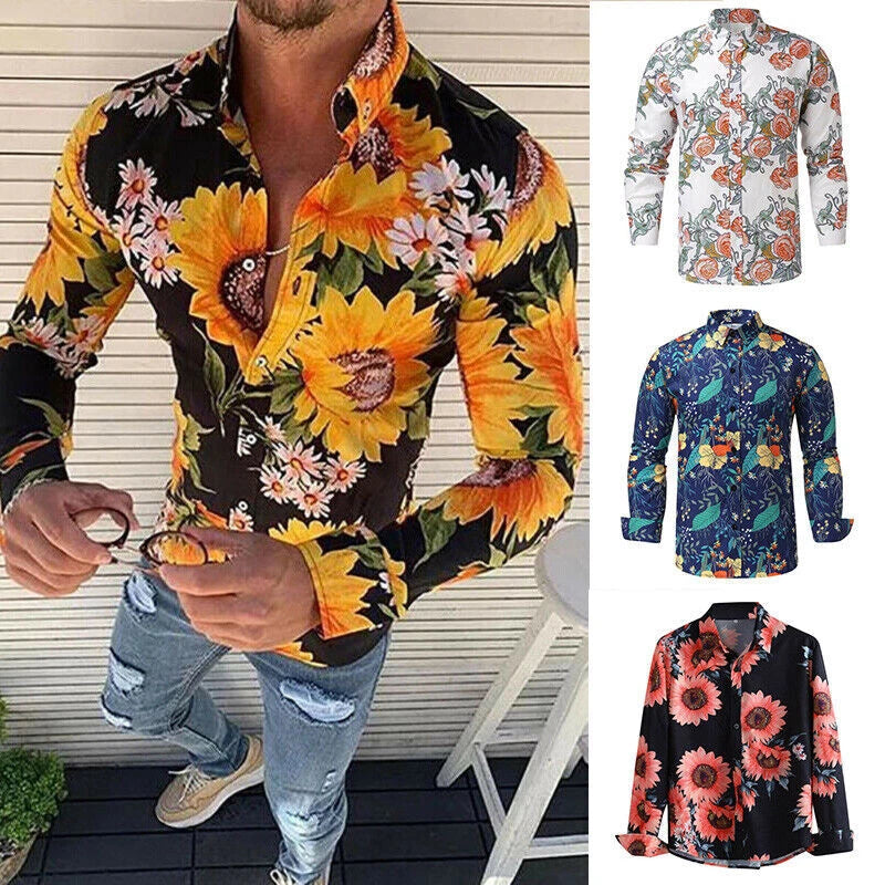 Sleeve Flower Men's Long Casual Fashion Blouse Printed Slim T-Shirt Tops Fit New